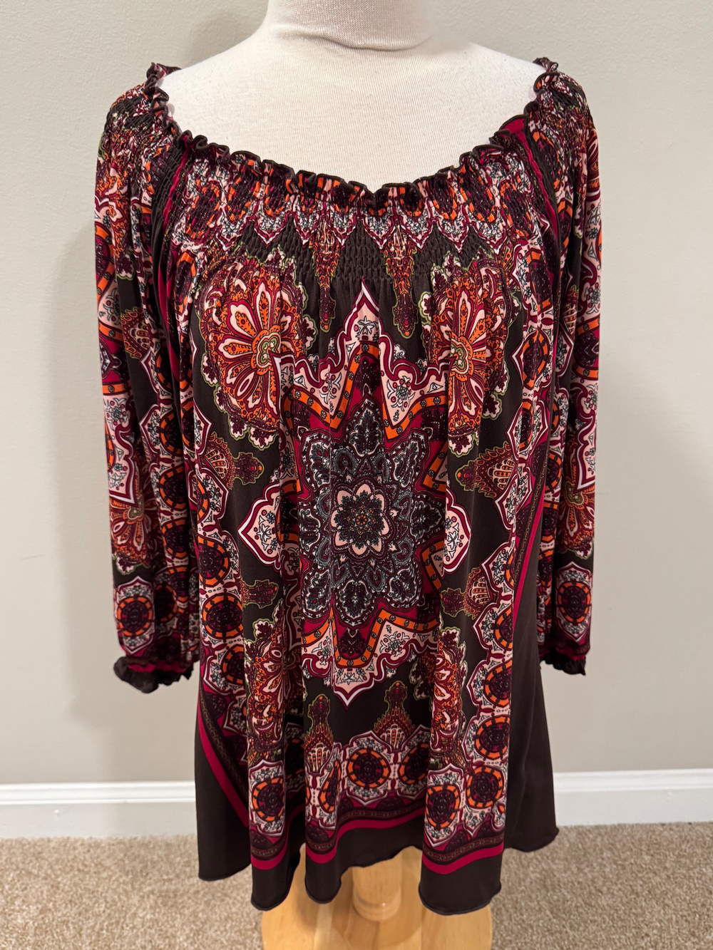 Madison Large 3/4 Sl Blouse Paisley Smocked Off Shoulder Tunic Top Boho Festival